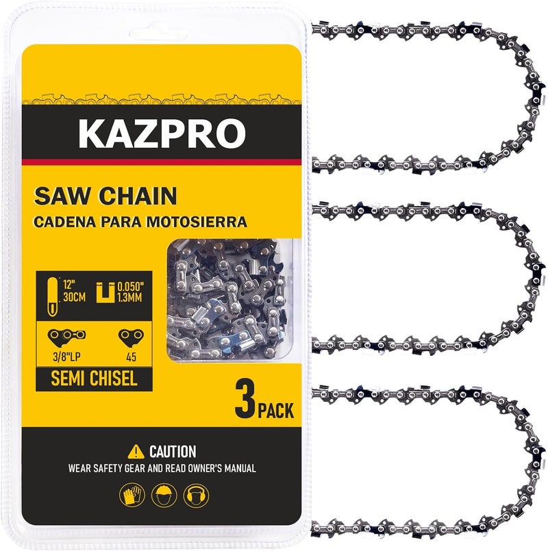 KAZPRO 12 Inch Chainsaw Chain 45 Drive Links 3/8" LP Pitch, .050" Gauge, Low kickback, Lubrication System Chainsaw Blade fits Craftsman, Echo, Homelite, Poulan, Ryobi, Wrox, etc, KP-S45 (3 Pack) - Image 1